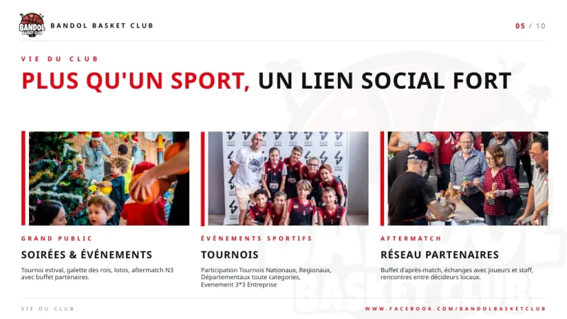 Page de la vie du club montrant des événements et de jeunes basketteurs