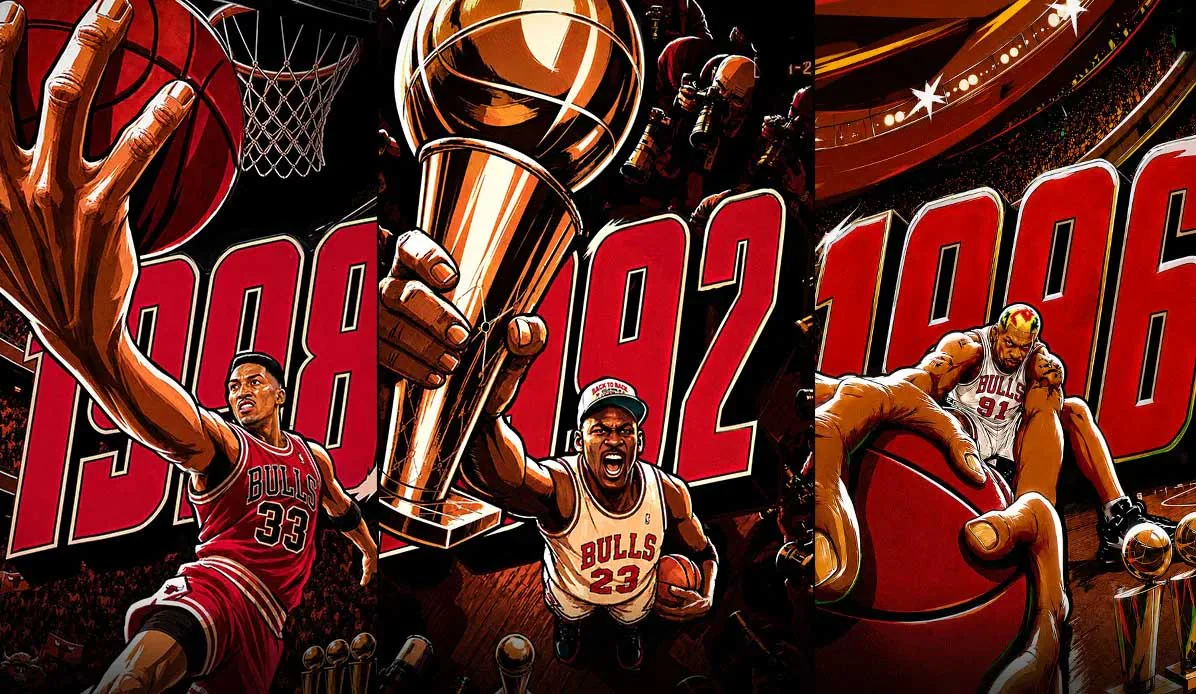Série d'affiches illustrées Chicago Bulls, Six Rings