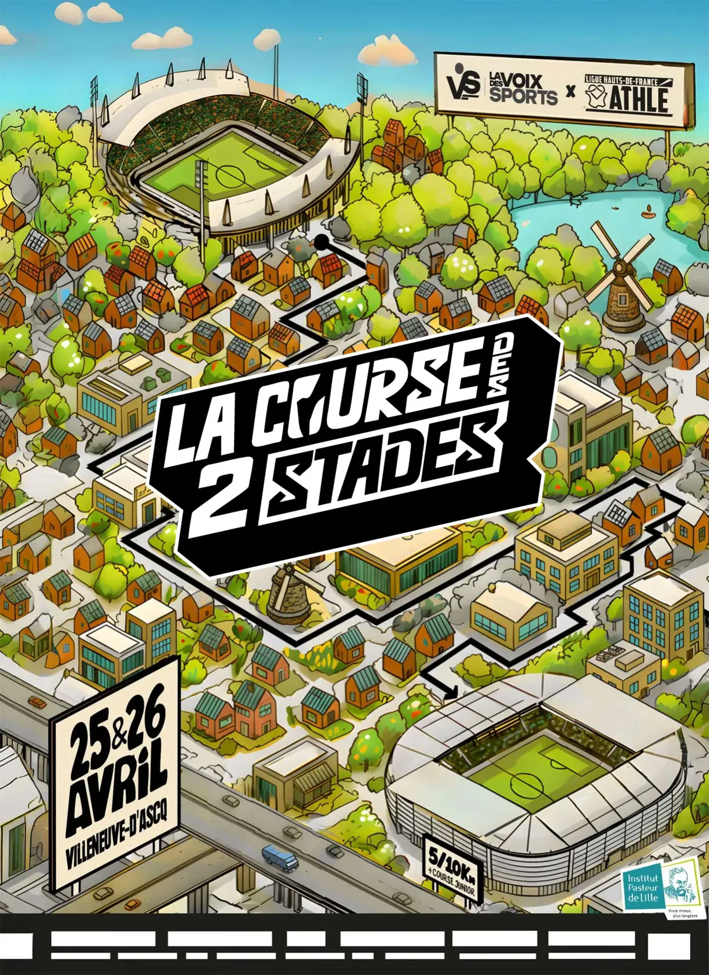 Affiche et key visual de La Course des 2 Stades, reliant les deux stades