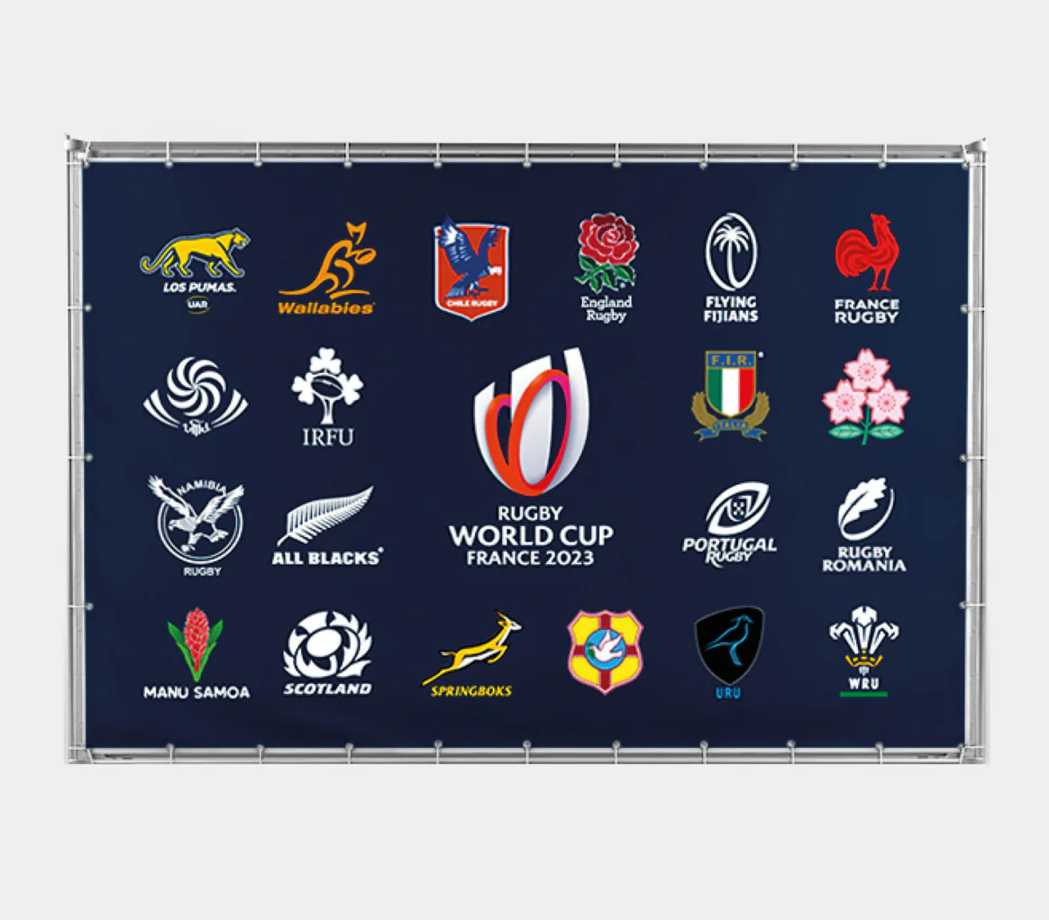 Planche de bâche regroupant les équipes de Rugby World Cup France 2023