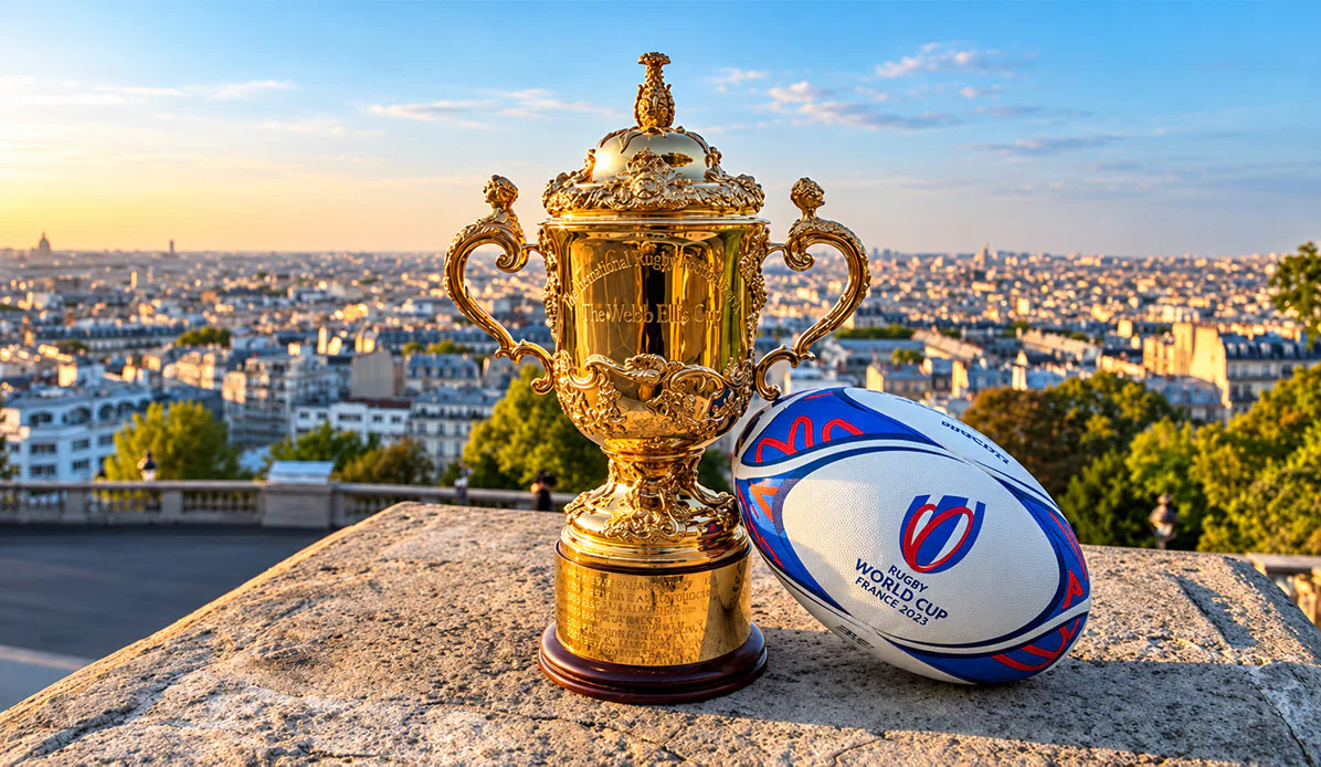 Trophée et ballon Rugby World Cup France 2023 devant Paris, visuel du projet également présent sur l'accueil