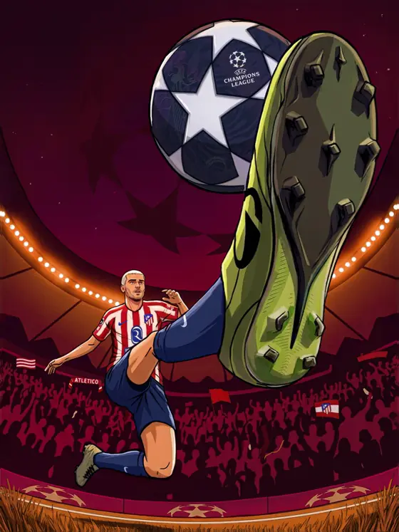 Affiche ONE SHOT, un footballeur et un ballon de Ligue des champions, illustration sport